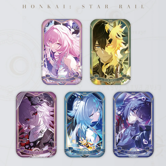 This is a display of 5 rectangular badges from Honkai: Star Rail, arranged in two rows.