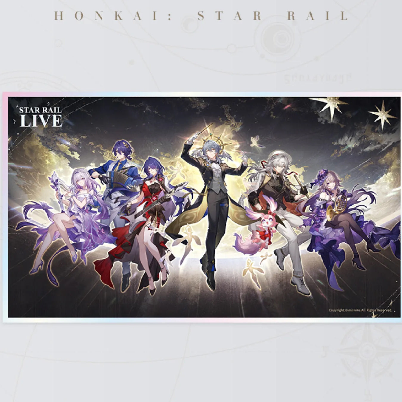 Honkai: Star Rail 2025 Star Rail LIVE Series PET colored paper, showcasing a dynamic stage performance of multiple characters against a dark, starry backdrop with golden starlight accents, collectible for fans.