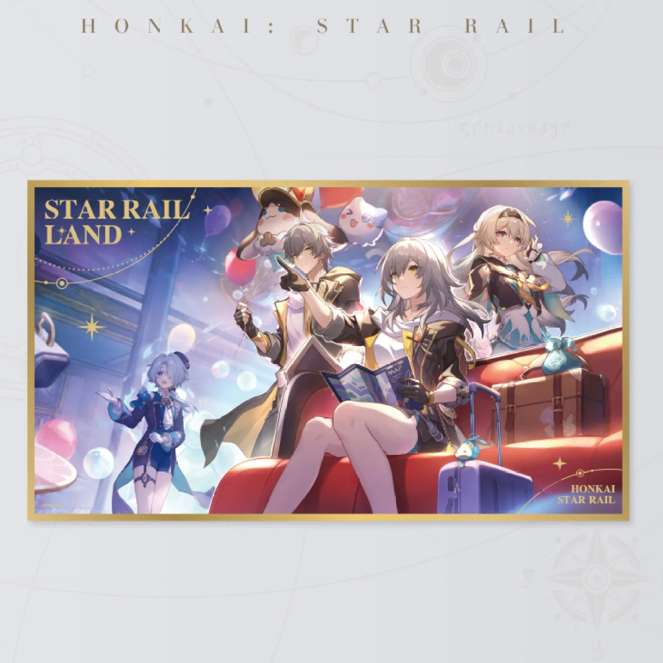 Honkai: Star Rail Star Rail Land Series acrylic colored paper, featuring main characters relaxing in a vibrant amusement park setting with balloons and festive decor, gold border, collectible for fans.