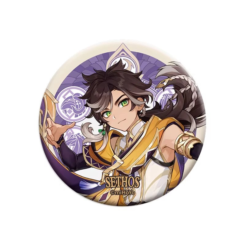 He has dark hair with white streaks, green eyes, and is dressed in a yellow and white outfit with purple accents. The background has a purple and white decorative pattern, and he strikes a dynamic pose.