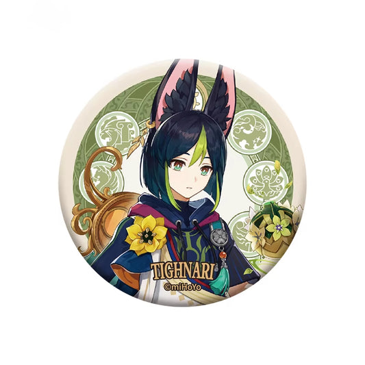 He has dark hair with green streaks, large expressive eyes, and prominent animal-like ears. Dressed in an elaborate outfit with blue, gold, and green accents, he wears a hooded cloak adorned with a yellow flower.