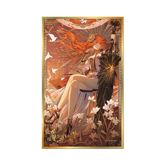 A single shikishi art board of Augusta, featuring her fiery red hair, sunlit backdrop, white flowers, and a luxurious gold foil border with her stylized name.