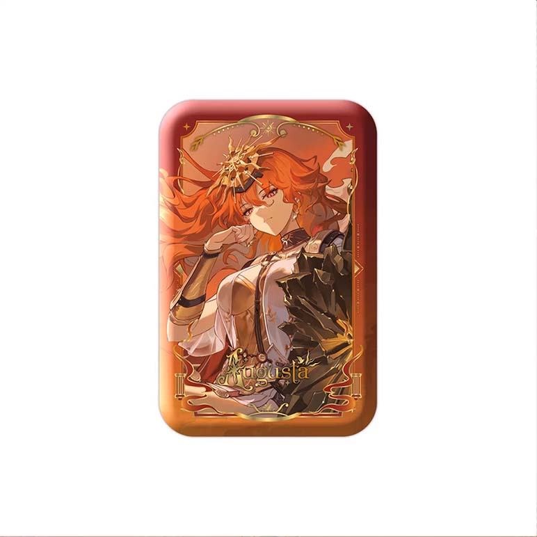 A rectangular tinplate badge of Augusta, featuring her fiery red hair, regal attire, and a stylized name logo against a sunlit backdrop with a red foil border.
