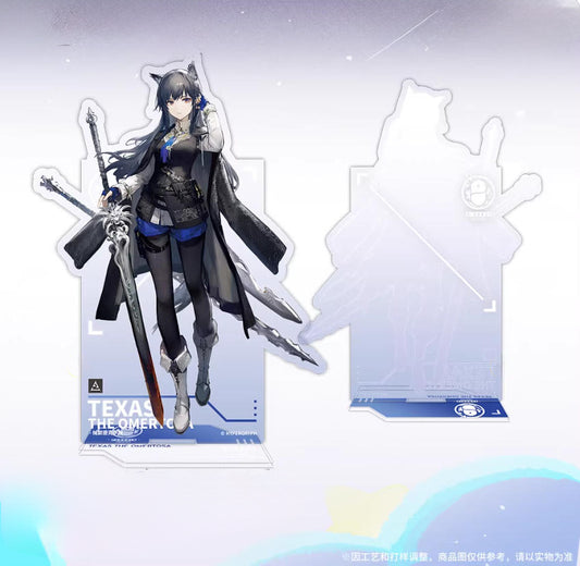 Acrylic standee set of Texas the Omertosa from Arknights, showing both the front view of the character in her iconic dark coat with dual blades, and the matching translucent outline stand base, all presented against a soft pink gradient background.