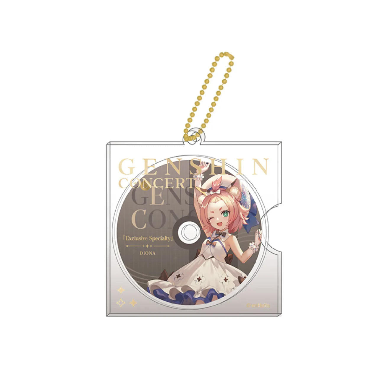 This is the Diona variant. The CD disc features Diona winking playfully, with the track title "Exclusive Specialty." The clear outer case is printed with "GENSHIN CONCERT" in gold foil, perfectly capturing her cute and lively personality.