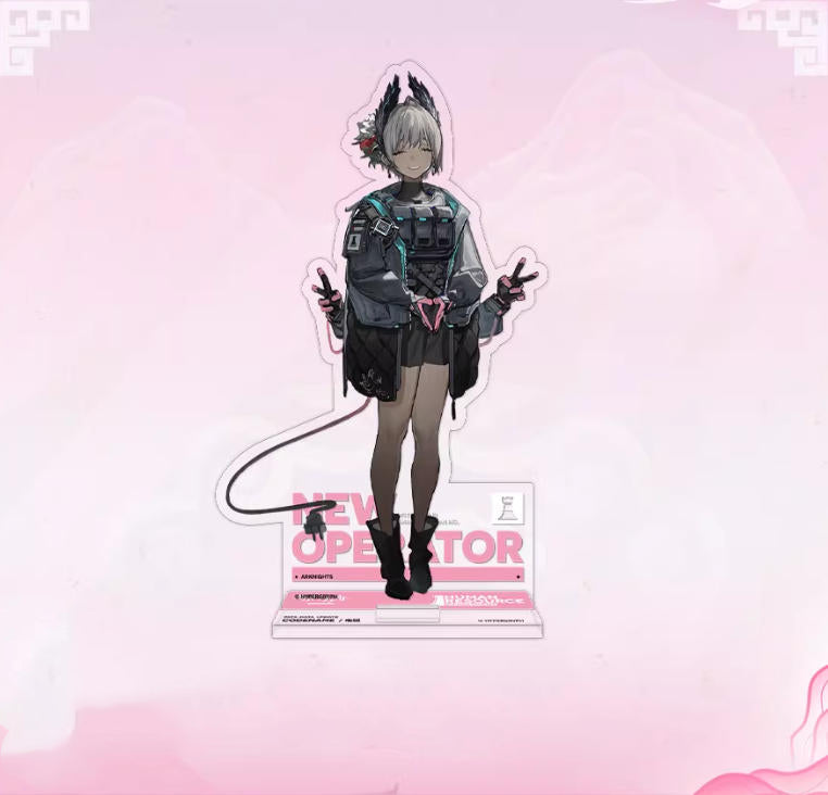 Acrylic standee of Arc from Arknights, featuring her sleek, tech-inspired gray and black outfit with a pink "NEW OPERATOR" base, presented on a light pink background.