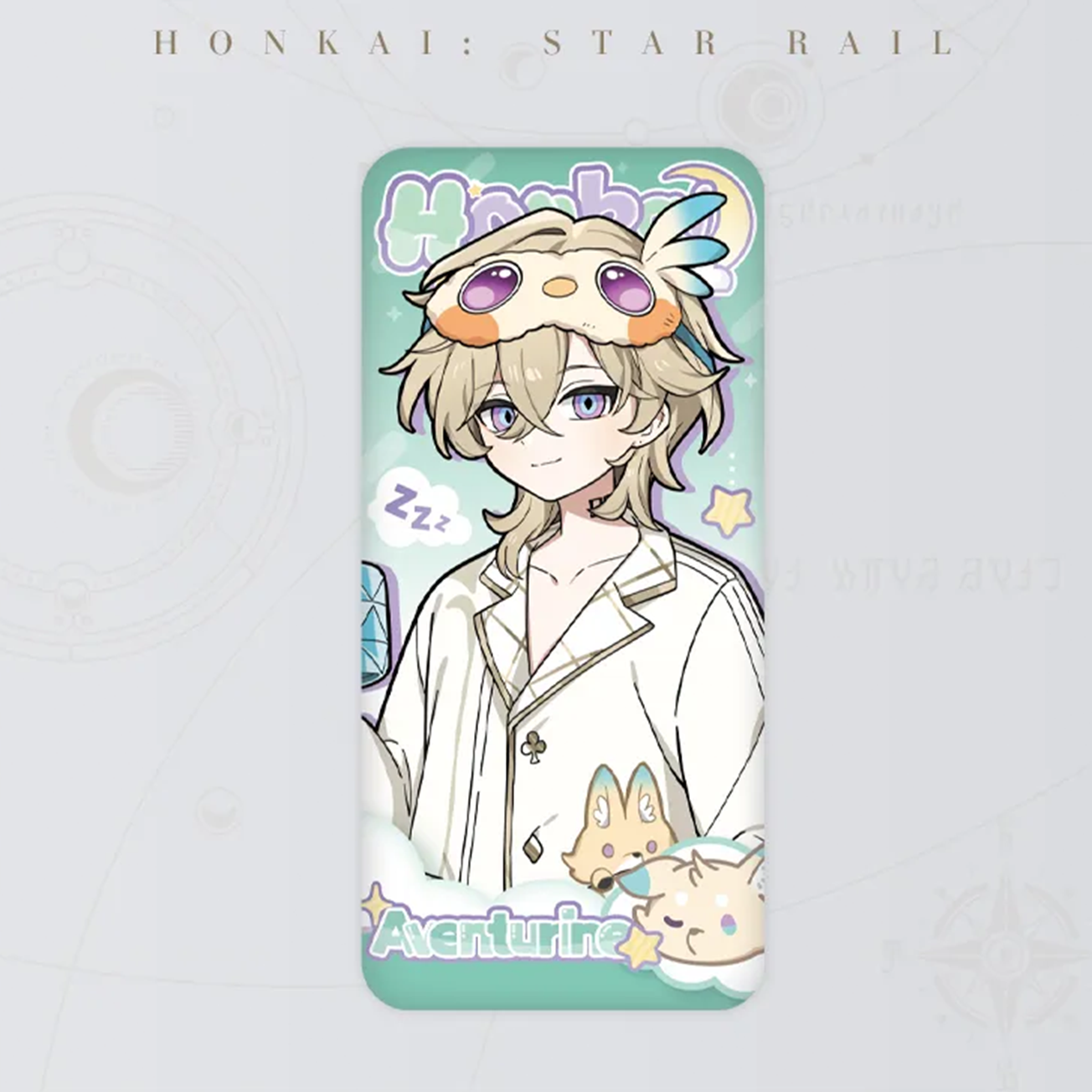 This is the Aventurine long tinplate badge from the HooHai Series. It depicts a chibi Aventurine in white pajamas, wearing a cute bird-shaped eye mask, with a sleepy expression. The background is mint green, featuring the "HooHai" logo and small animal companions.