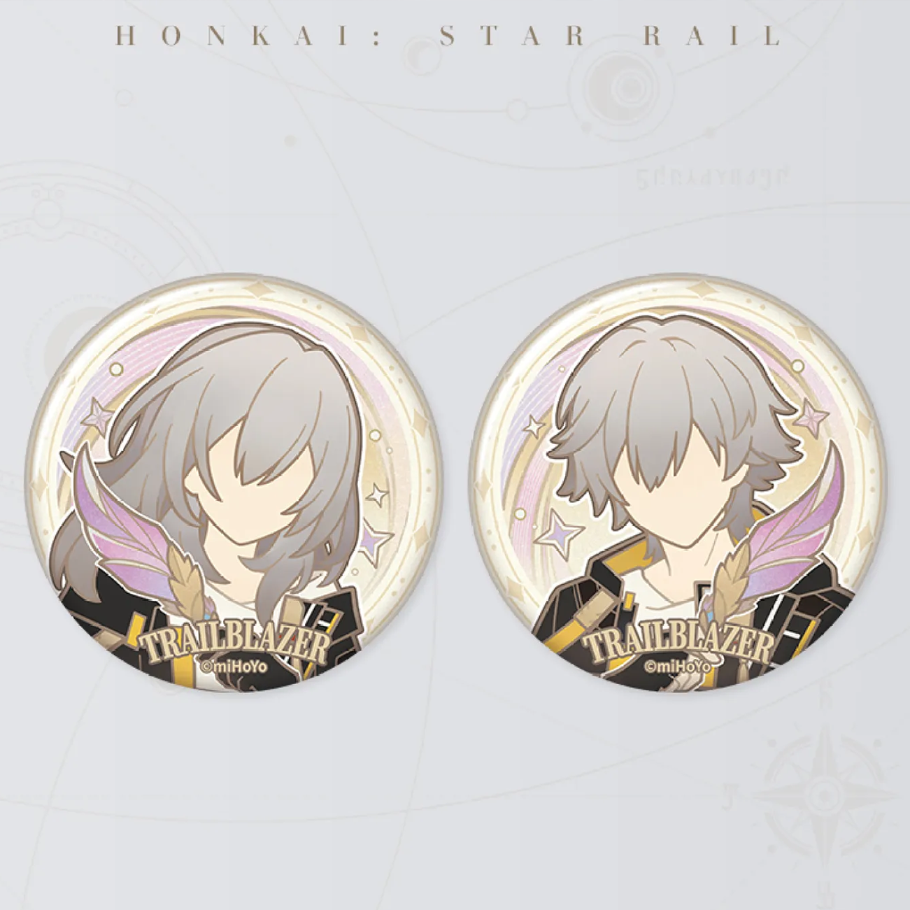 Honkai Star Rail Trailblazer pin set showing male and female silhouette designs with rose gold glitter finish