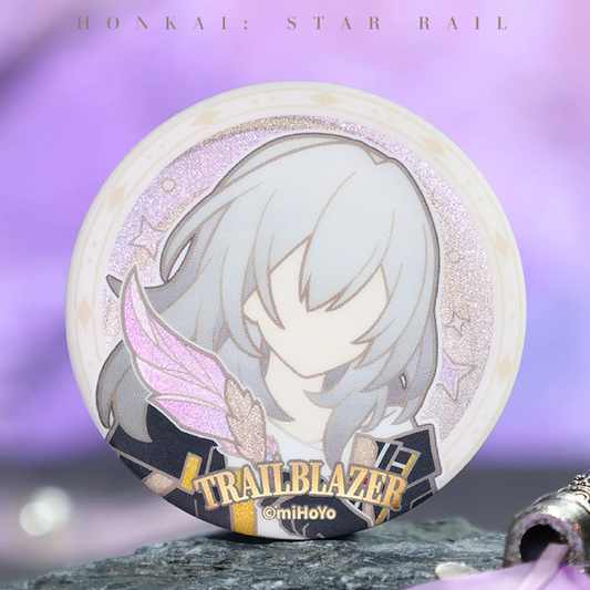 Honkai Star Rail Trailblazer silhouette pin with round design and rose gold glitter base, minimalist official collectible