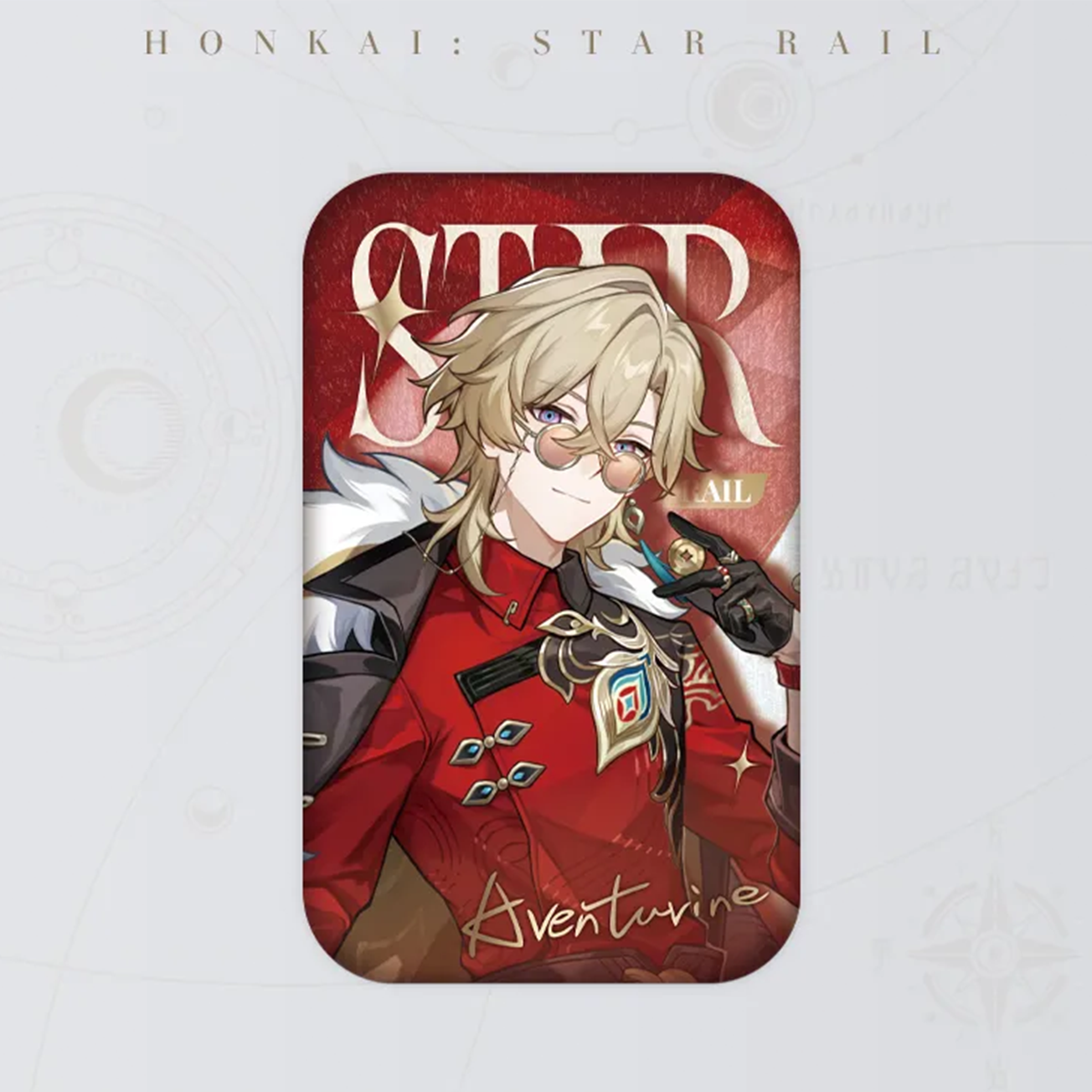 A close-up of a rectangular glittery badge featuring Aventurine from Honkai: Star Rail. The badge has a red background, with the character in a red formal outfit with a fur collar, and his signature in gold at the bottom.