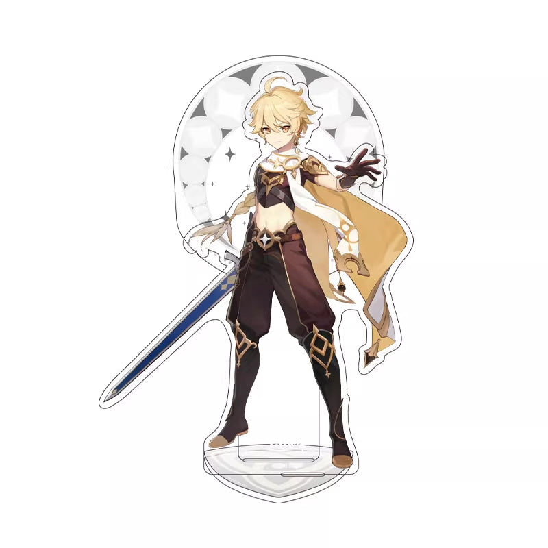 He has blond hair, warm - toned eyes, and a confident stance. Dressed in a black and gold outfit with a flowing cape, he wields a blue - bladed sword.