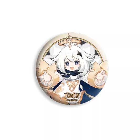 The image showcases a cute anime character with short white hair and large blue eyes. She wears a halo adorned with a cross on her head, and is dressed in attire primarily in white, complemented by dark elements and gold patterns.