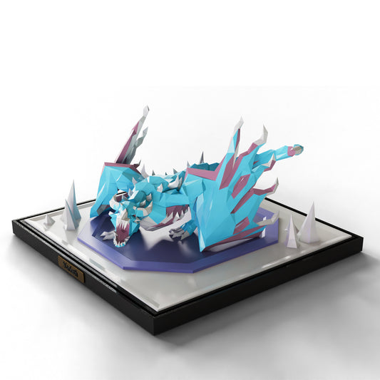 This low-poly The Vorkath PVC Statue showcases an origami-style texture, bringing the fierce, icy creature to life. It sits on a detailed, frost-themed base, making it a striking display for fantasy fans and collectors.