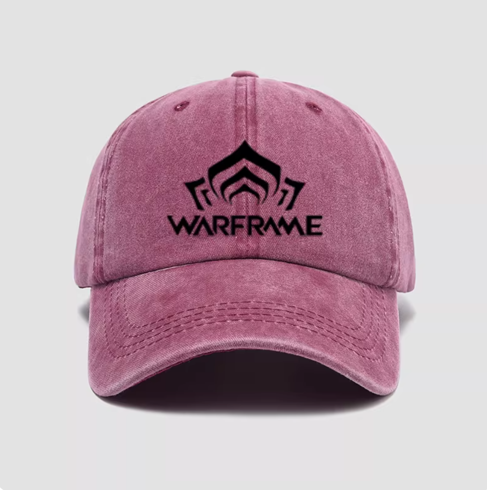 Warframe vintage baseball cap,wine red washed cotton, black logo, curved brim, plain light grey background, front view.
