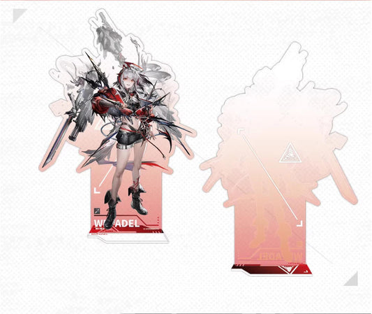 Acrylic stand of Arknights operator W, featuring dynamic full-body artwork against a soft pink background, with a matching red and orange base.