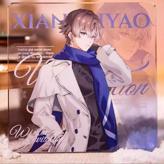 A curated display of 5 Wuthering Waves Winter Invitation acrylic standees arranged on a wooden shelf, set against a cozy, snow-dusted backdrop.