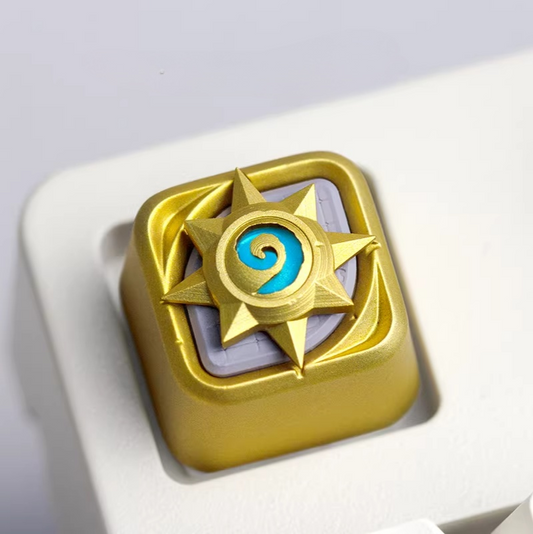 Golden Hearthstone-themed resin ESC keycap on a white mechanical keyboard with detailed 3D design.