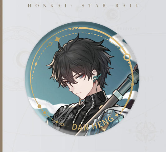 Dan Heng collectible pin from Honkai: Star Rail Hunt Path series, featuring detailed anime-style artwork with gold foil accents."