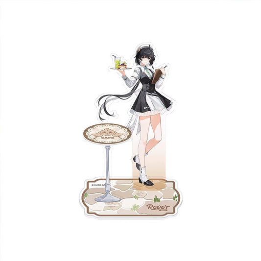 An acrylic stand of the Female Wanderer from Wuthering Waves, in a cafe server outfit, holding a tray of drinks and a menu, with a small cafe table accessory.