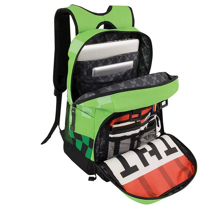 MC Creeper Backpack | Explosive Green Pixel-Art Design with Spacious Main Compartment | Adjustable Padded Straps for School & Travel