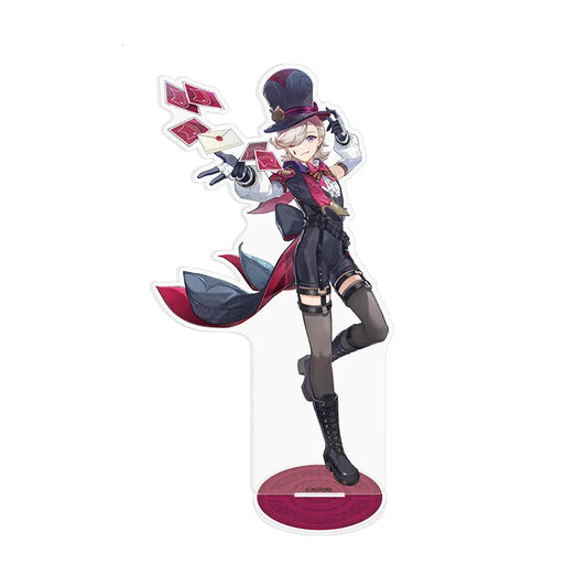 Full-body acrylic stand of Lyney, the charismatic Fontaine magician, in his signature top hat and red-and-purple performance outfit, posed with floating playing cards and standing on a red circular base.