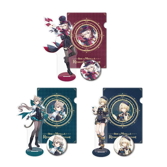 Three sets of Fontaine-themed fan merchandise, each including a full-body acrylic stand, a character pin, and a PP folder. The designs feature Lyney, Lynette, and Freminet, with elegant gold-accented artwork and the slogan “Ride the Waves to a Rendezvous in Fontaine.”