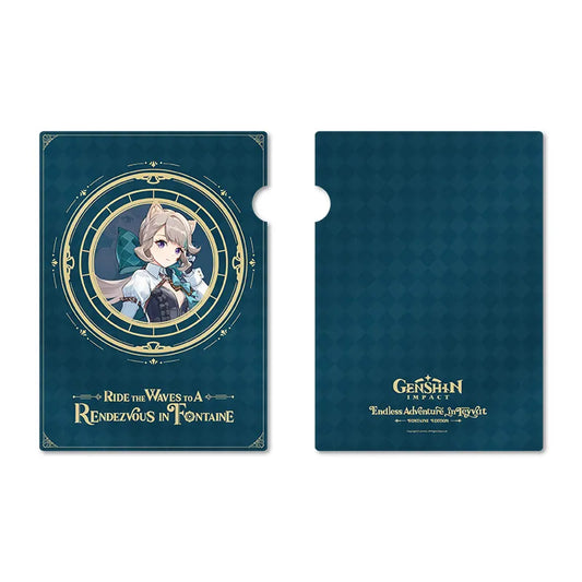 Lynette-themed PP folder from the Fontaine Art Exhibition Series, featuring a portrait of the cat-eared magician’s assistant in an ornate gold circular frame on a deep teal background, with the slogan “Ride the Waves to a Rendezvous in Fontaine” and Genshin Impact branding on the back.
