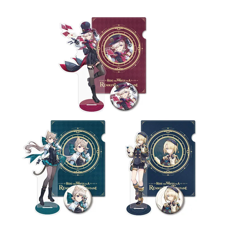Collection of Fontaine-themed fan merchandise sets, each featuring a full-body acrylic stand, a character pin, and a PP folder with elegant gold-accented artwork, including Lyney, Lynette, and Freminet designs with the slogan “Ride the Waves to a Rendezvous in Fontaine.”