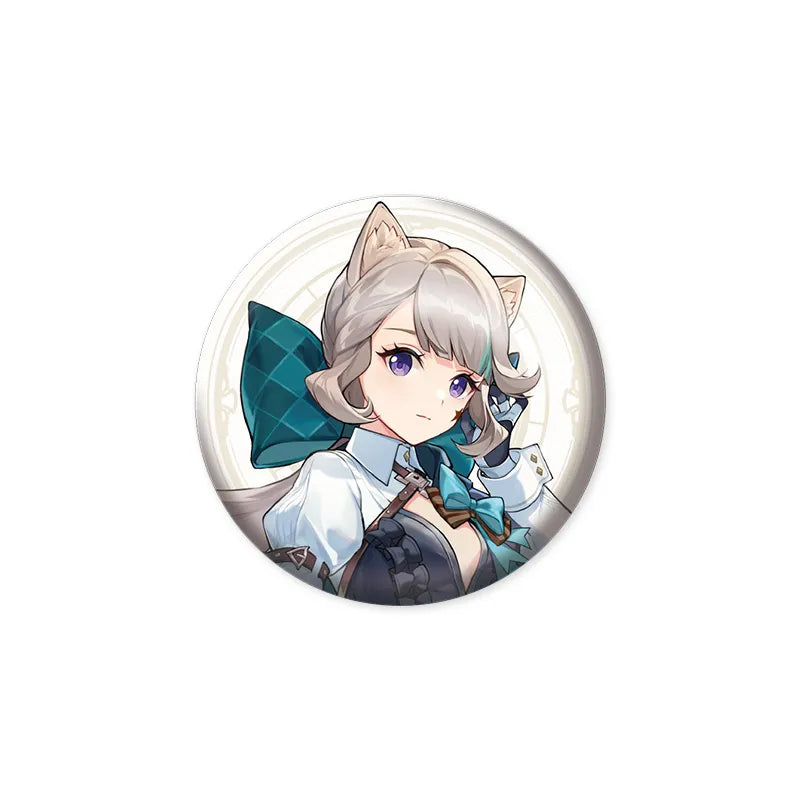 Anime-style Lynette pin featuring a portrait of the cat-eared character with a teal bow, set against a soft, light-colored background, made from durable tinplate with a glossy finish.