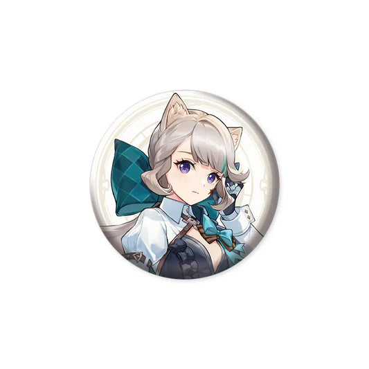 Anime-style Lynette pin featuring a portrait of the cat-eared character with a teal bow, set against a soft, light-colored background, made from durable tinplate with a glossy finish.