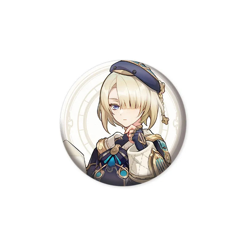Anime-style Freminet pin featuring a portrait of the character in his signature blue and gold outfit, set against a subtle, mechanical circular backdrop, made from durable tinplate with a glossy finish.