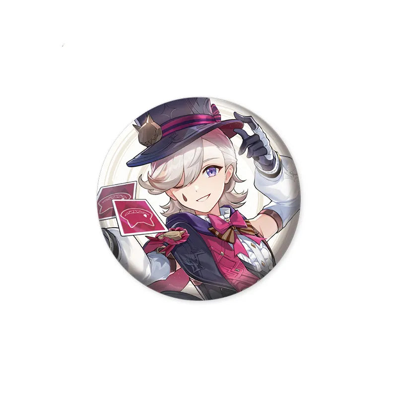 Anime-style Lyney pin featuring a portrait of the charismatic magician in his signature top hat and red-and-purple performance outfit, holding a playing card, set against a soft, light backdrop, made from durable tinplate with a glossy finish.