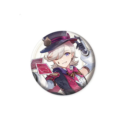 Anime-style Lyney pin featuring a portrait of the charismatic magician in his signature top hat and red-and-purple performance outfit, holding a playing card, set against a soft, light backdrop, made from durable tinplate with a glossy finish.