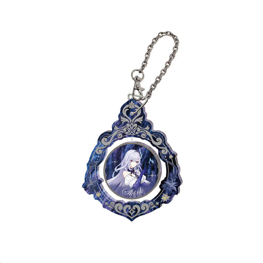 This keychain has the same frame and chain design as the rest. The central badge features Skirk from Genshin Impact, depicted with long silver hair, red eyes, and a light purple gown, posed gracefully against a deep starry background. Her name "Skirk" is printed at the bottom of the badge. The overall style is cool and luxurious, with a strong atmospheric feel.
