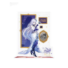 Skirk-themed fan merchandise set, including a full-body acrylic stand with a deep purple, ornate gold-framed design, a matching circular pin, and decorative stickers featuring “Skirk” branding and a stylized Cryo element graphic.