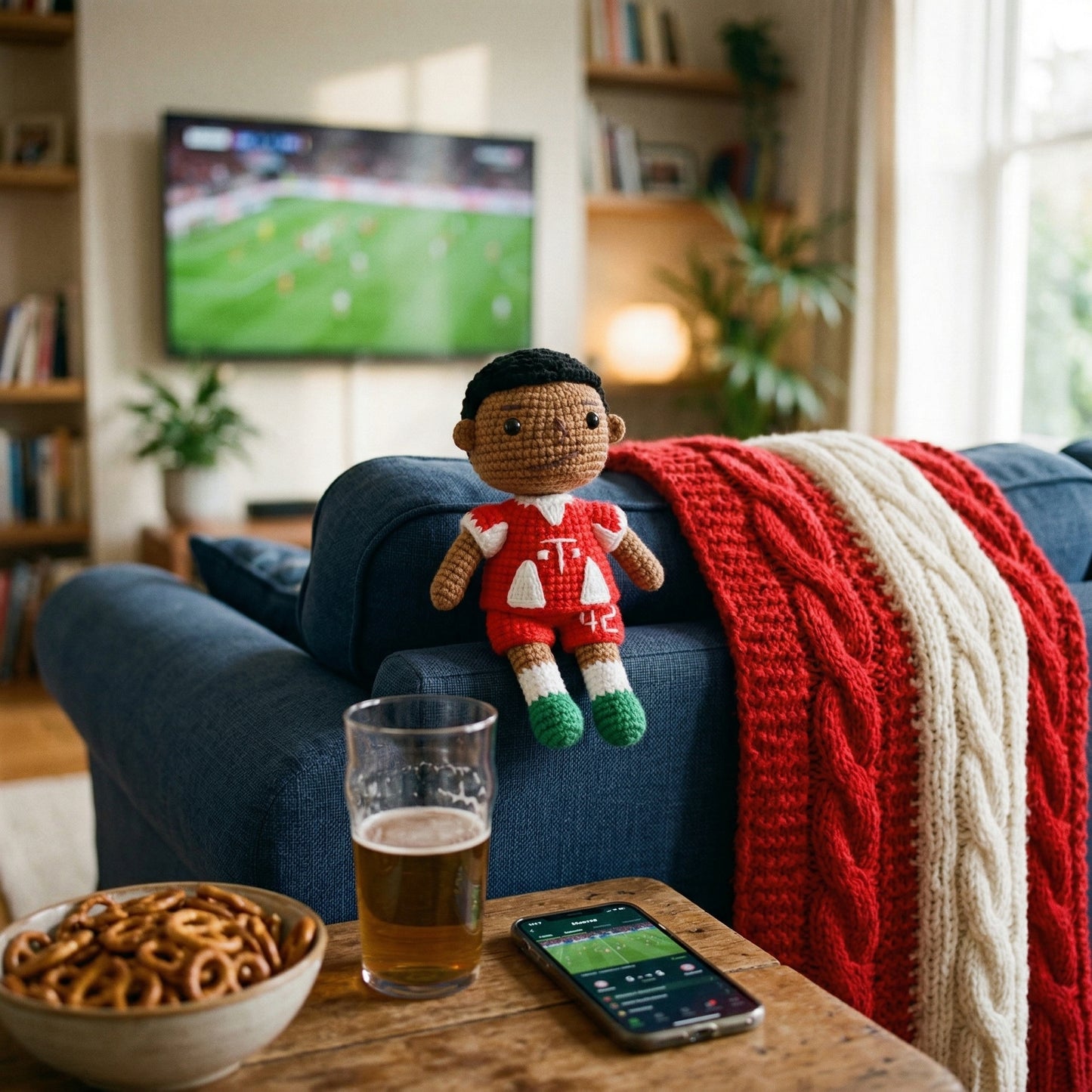 Handmade Black Short Hair No. 42 Red & White Shirt Crochet Doll -JM42 Handmade Collectible Gift For Fans & Kids