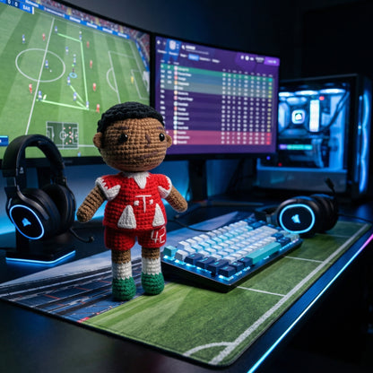 Handmade Black Short Hair No. 42 Red & White Shirt Crochet Doll -JM42 Handmade Collectible Gift For Fans & Kids