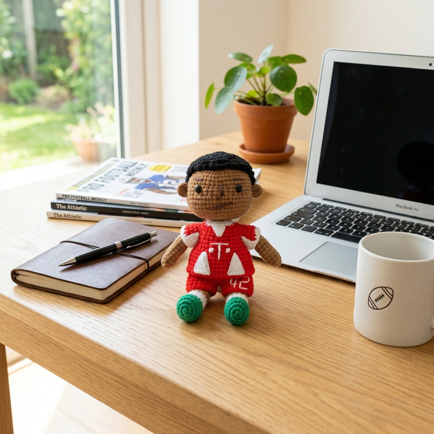 Handmade Black Short Hair No. 42 Red & White Shirt Crochet Doll -JM42 Handmade Collectible Gift For Fans & Kids