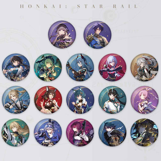 A full display of 17 Honkai: Star Rail glittering tinplate badges, featuring characters like Jing Yuan, Kafka, and Dan Heng, arranged neatly on a light background.