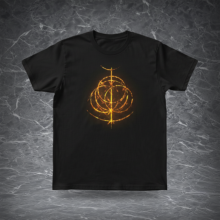 Elden Ring T-shirt | Golden Game Logo Print on Black Cotton Tee | Classic Color Scheme for Daily Wear | Official Style Gaming Apparel for Fans