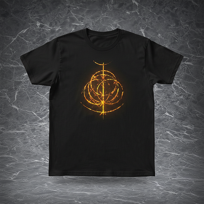 Elden Ring T-shirt | Golden Game Logo Print on Black Cotton Tee | Classic Color Scheme for Daily Wear | Official Style Gaming Apparel for Fans