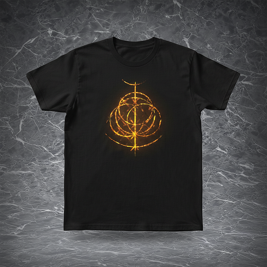 Elden Ring T-shirt | Golden Game Logo Print on Black Cotton Tee | Classic Color Scheme for Daily Wear | Official Style Gaming Apparel for Fans