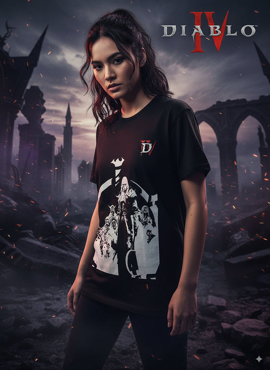D4 Necromancer T-shirt | Skeleton summon Necromancer pattern trendy loose top | Dark style dungeon game peripheral cool daily wear