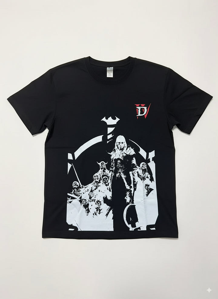 D4 Necromancer T-shirt | Skeleton summon Necromancer pattern trendy loose top | Dark style dungeon game peripheral cool daily wear