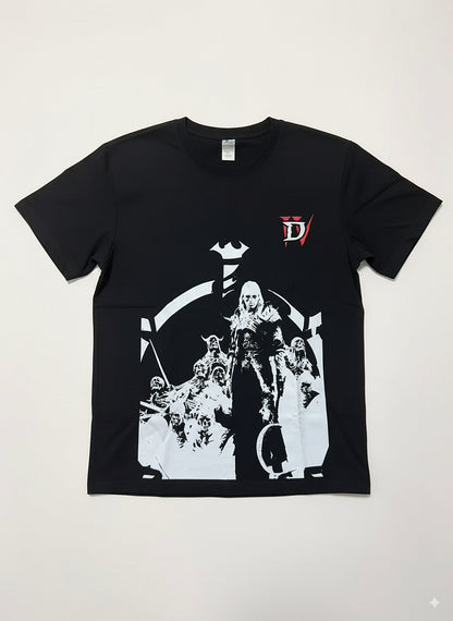 D4 Necromancer T-shirt | Skeleton summon Necromancer pattern trendy loose top | Dark style dungeon game peripheral cool daily wear