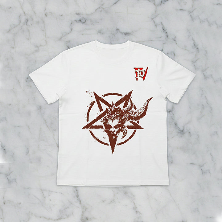 Lilith print T-shirt | Mother of Sanctuary portrait pattern trendy loose fit top | Dark RPG game themed apparel for cool casual wear | Soft loose fit tee to elevate your everyday look