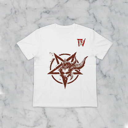 Lilith print T-shirt | Mother of Sanctuary portrait pattern trendy loose fit top | Dark RPG game themed apparel for cool casual wear | Soft loose fit tee to elevate your everyday look