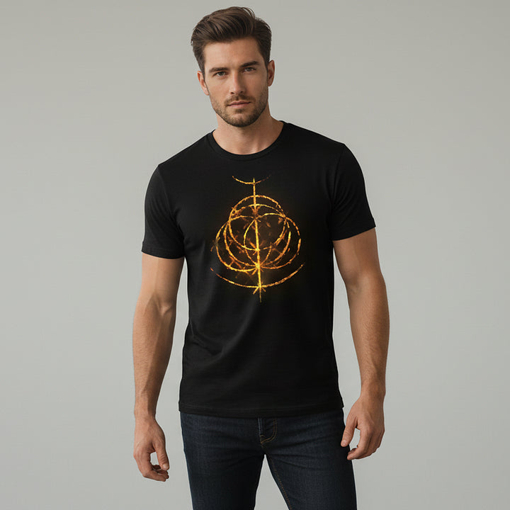 Elden Ring T-shirt | Golden Game Logo Print on Black Cotton Tee | Classic Color Scheme for Daily Wear | Official Style Gaming Apparel for Fans