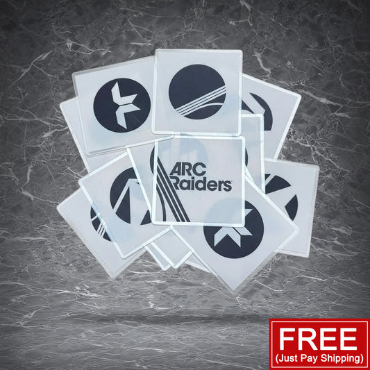 Pile of ARC Raiders square stickers featuring black and white logos and icons with a premium matte finish.