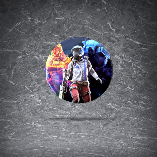 Round ARC Raiders pin button featuring characters Ryder and squad members in a retro sci-fi style, made of 6cm tinplate.